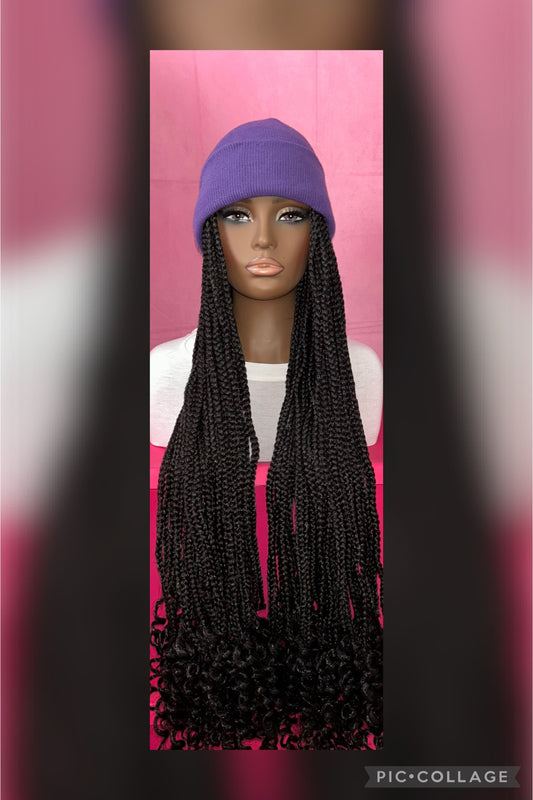 LAST ONE IN STOCK‼️ Black Box Braids w/ Curly Ends Wig Hat