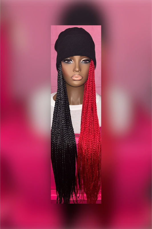 LAST ONE IN STOCK‼️ Half Black and Half Red Box Braids Wig Hat