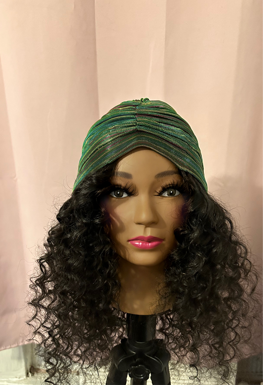 Black Human Hair Deep Wave Curls Wig Hat w/ Turban Included