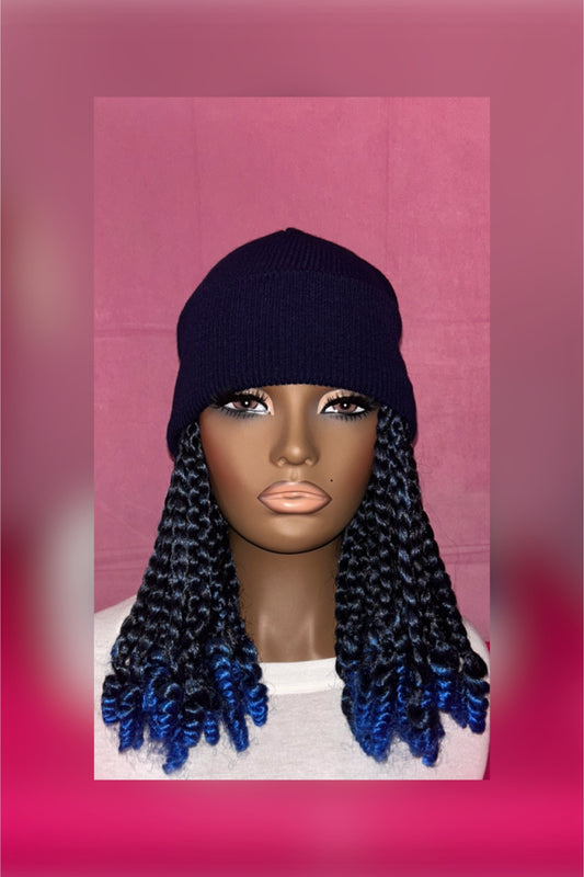 LAST ONE IN STOCK‼️ Black/ Blue Ombre Jumbo Box Braids w/ Curly Ends Wig Hat