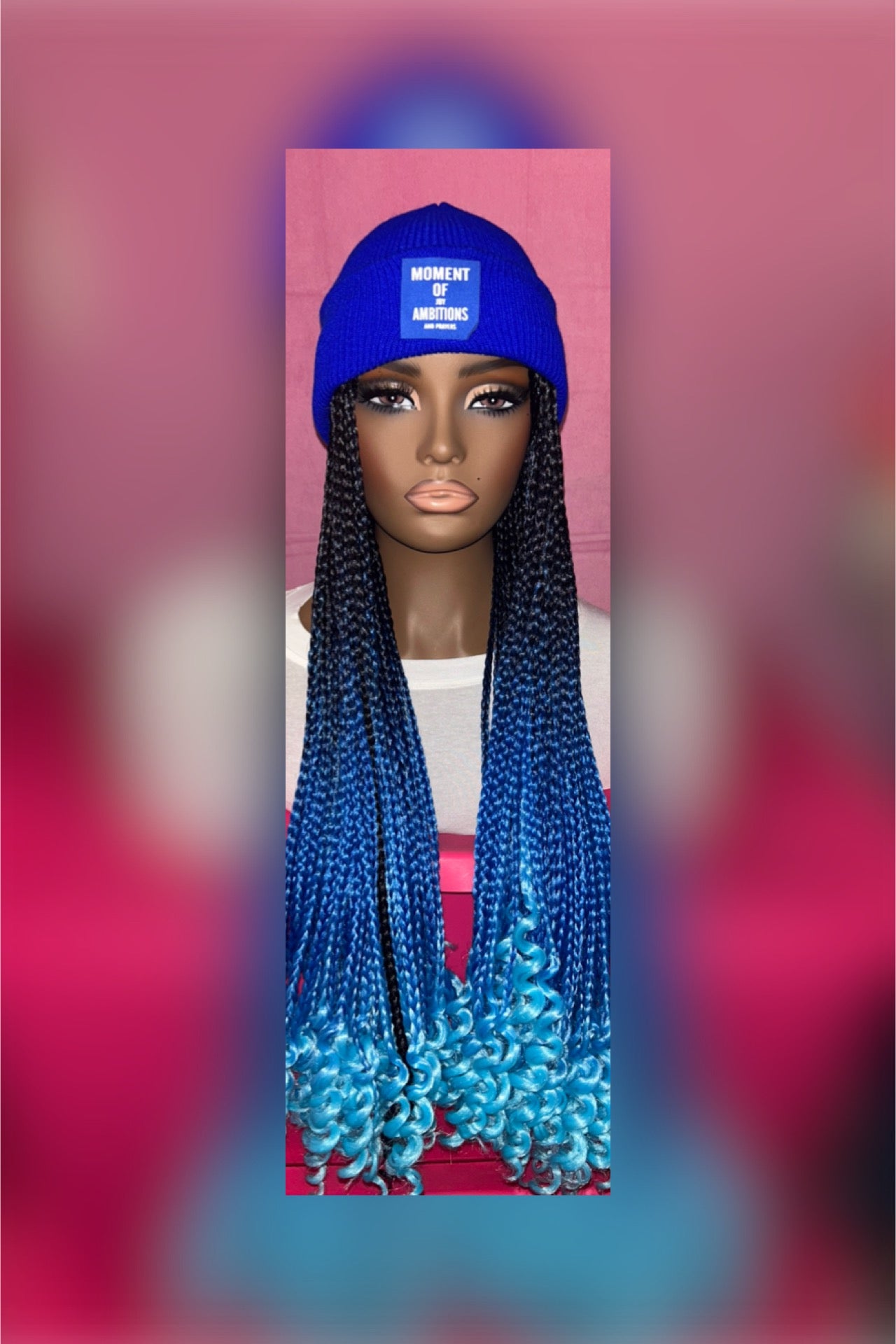LAST ONE IN STOCK‼️ Indigo Blue- Sky Blue Ombre Knotless Box Braids w/Curly Ends Wig Hat