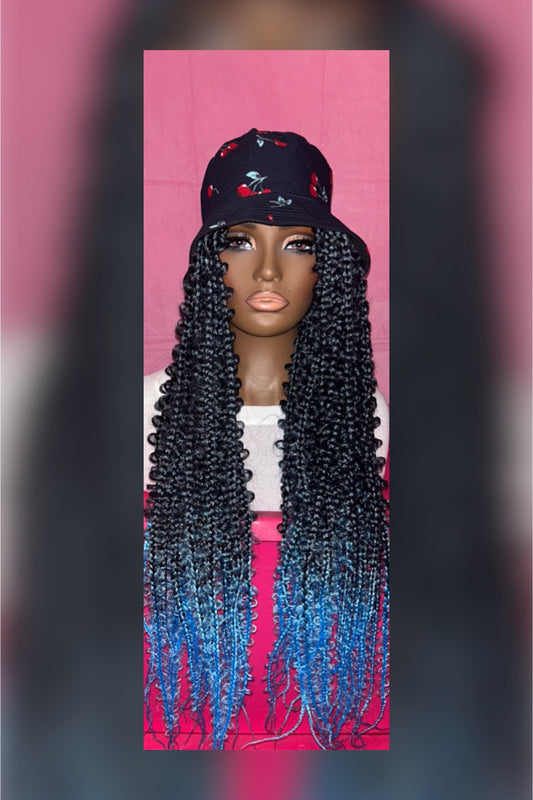 LAST ONE IN STOCK‼️ Black/Blue Ombre Butterfly Box Braids Wig Hat