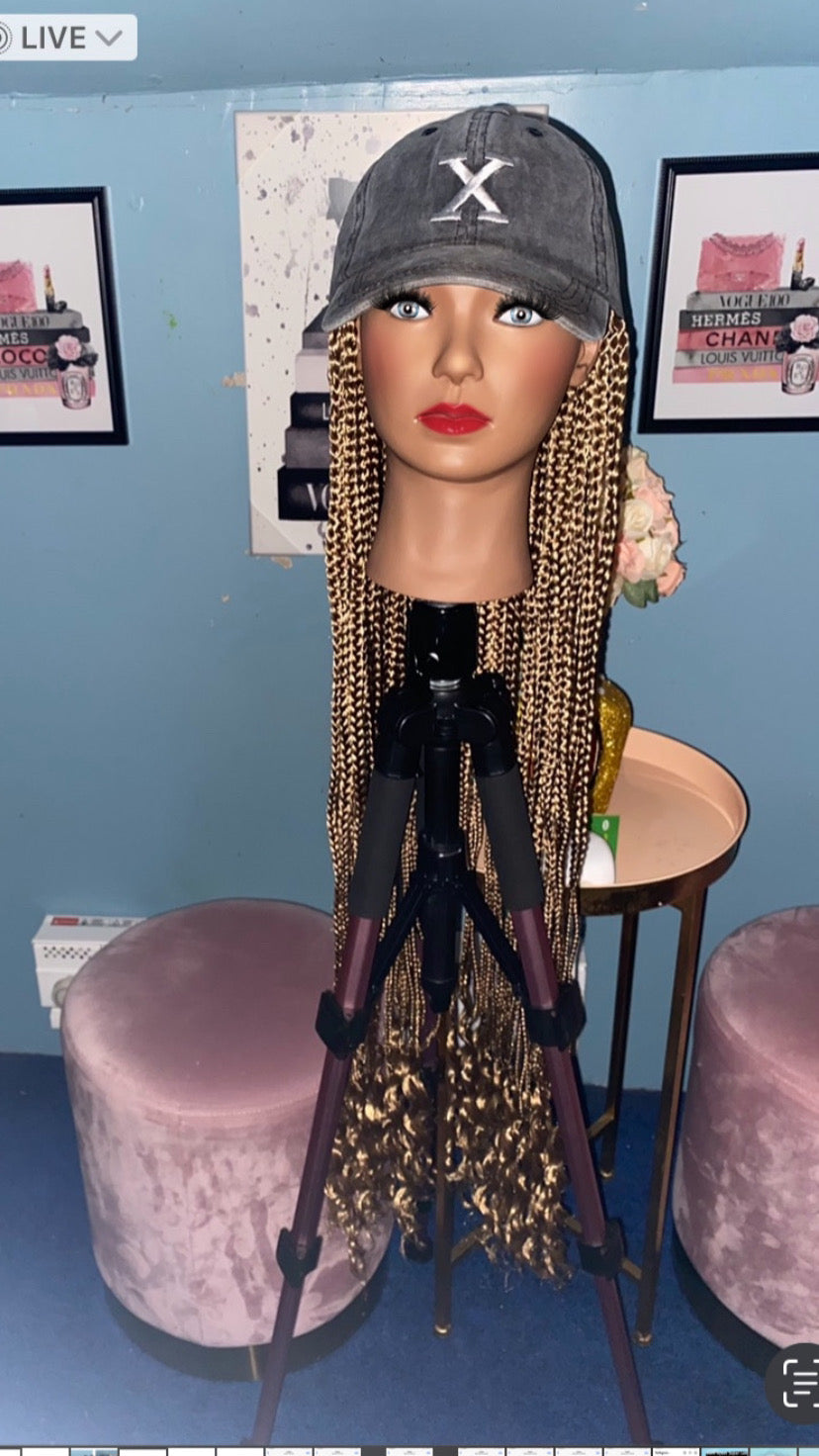 Strawberry Blonde Box Braids w/ Curly Ends Wig Hat