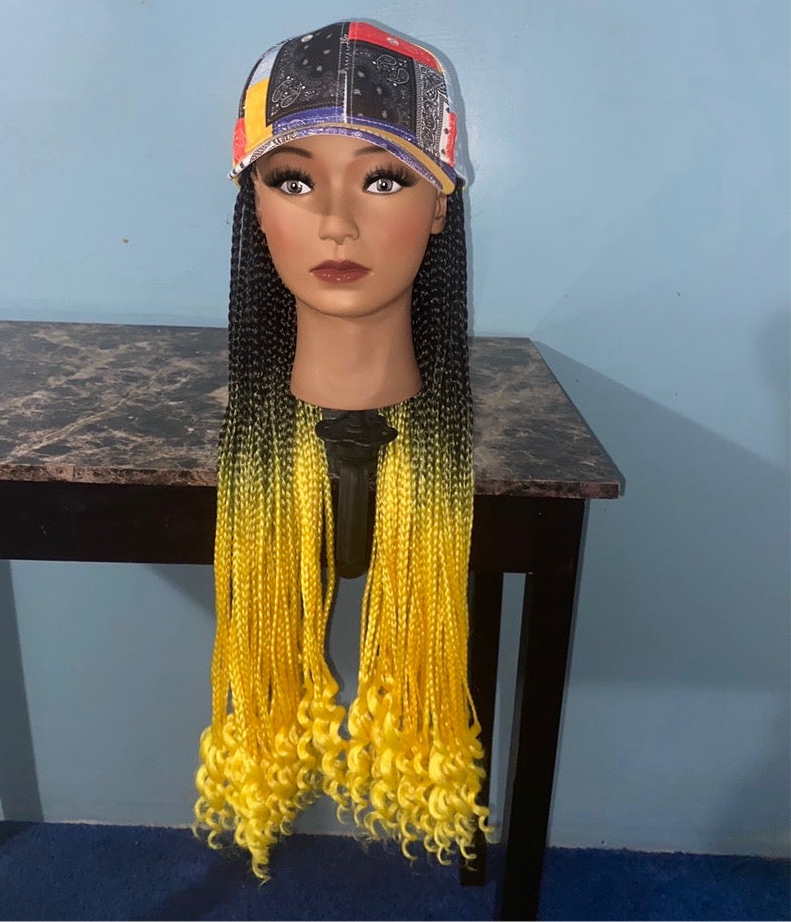 Black-Yellow Ombre Knotless Box Braids w/Curly Ends Wig Hat