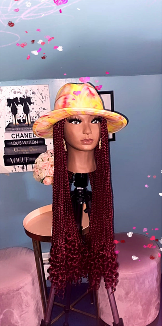 Burgundy Wine Box Braids w/ Curly Ends Wig Hat