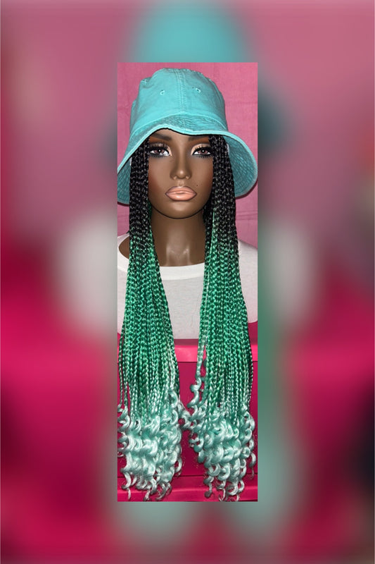 LAST ONE IN STOCK‼️ Black- Mint Green Ombre Box Braids Wig Hat