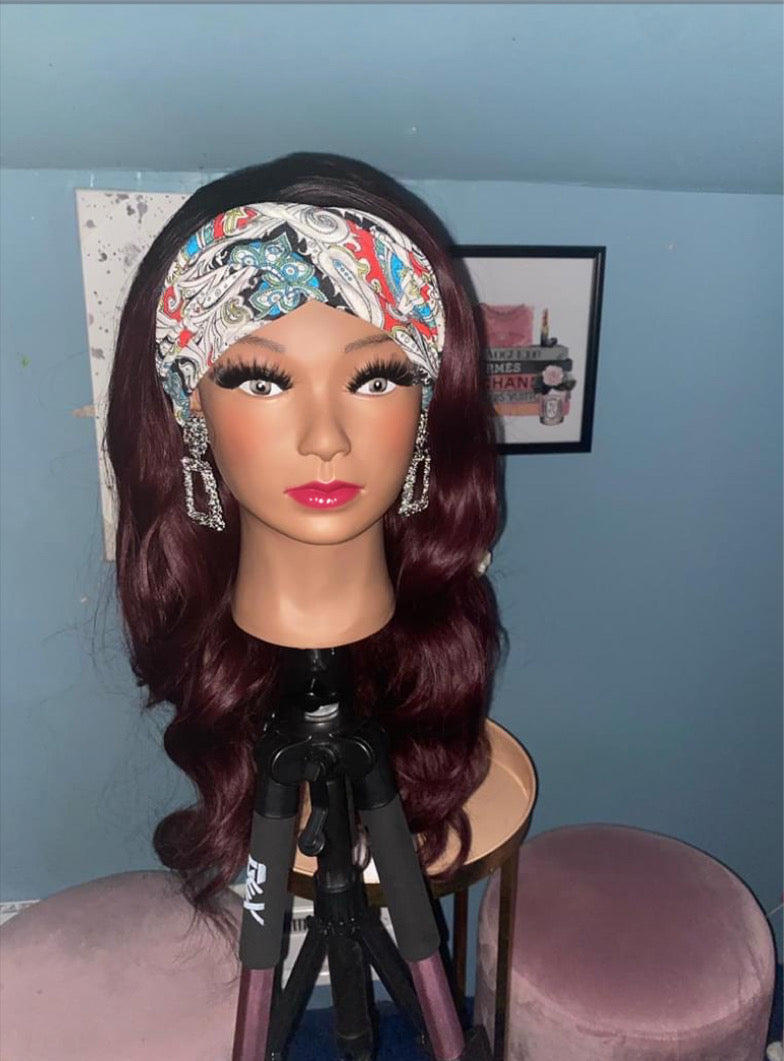 Burgundy Wine Loose Body Wave Curls Headband Wig w/ Headband Included