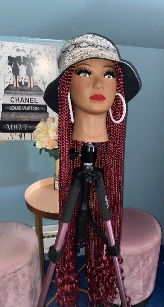 Burgundy Wine Goddess Box Braids Wig Hat