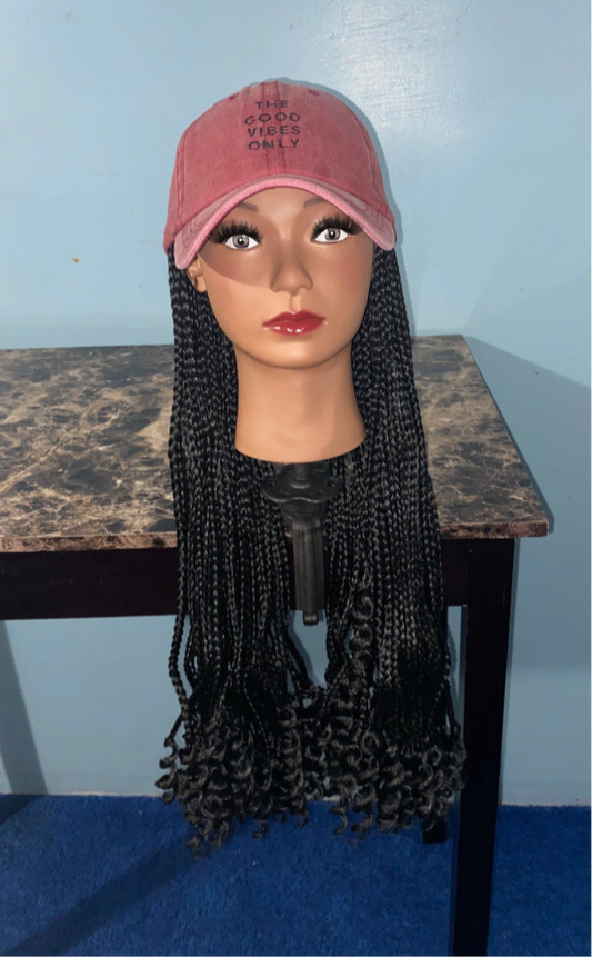 Black Knotless Box Braids w/ Curly Ends Wig Hat