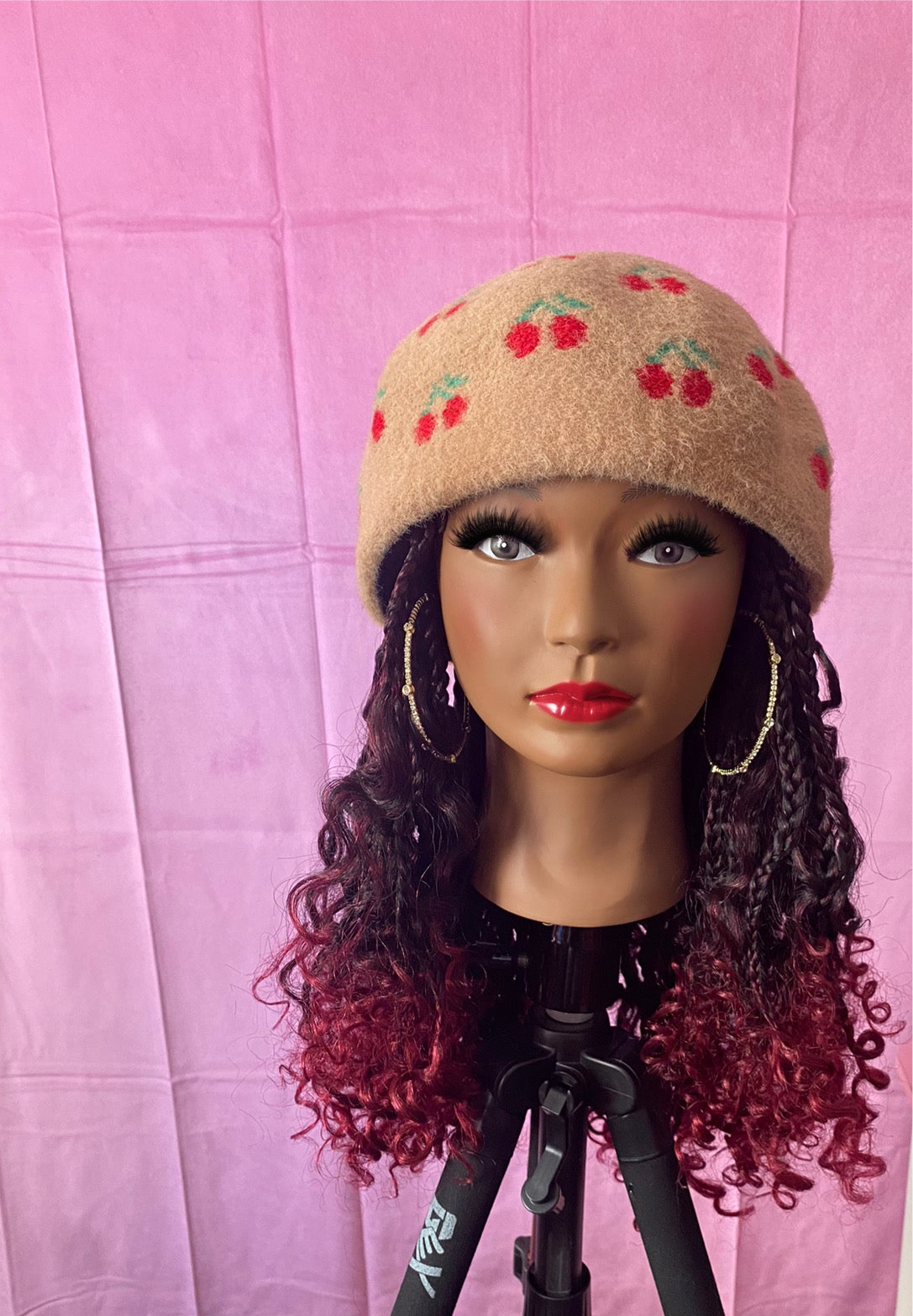 Burgundy Wine Bohemian Box Braids Wig Hat