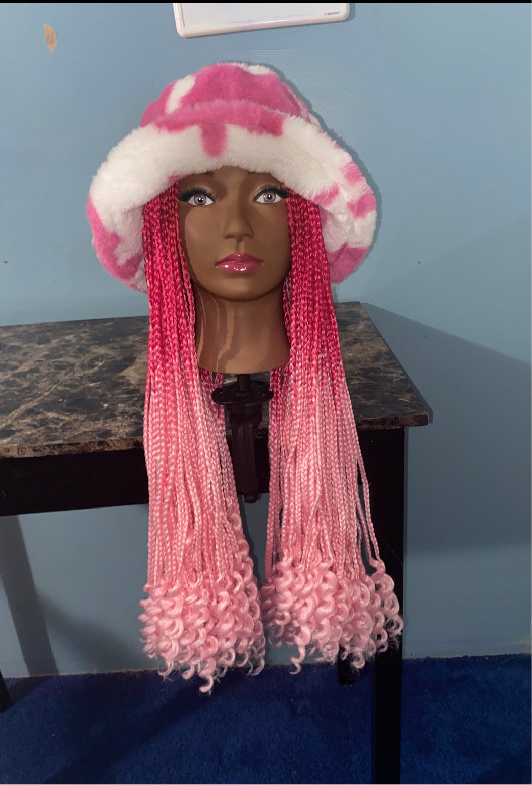 Rose Pink-Lite Pink Ombre Box Braids w/ Curly Ends  Wig Hat