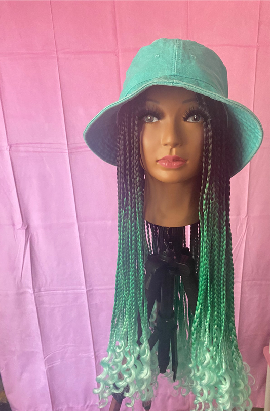 Black- Mint Green Ombre Box Braids Wig Hat