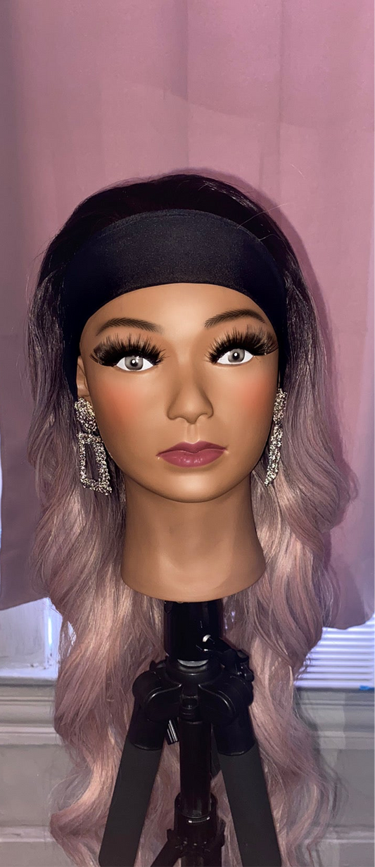 Black-Lite Pink Ombre Long Wavy Curls Headband Wig w/ Headband Included