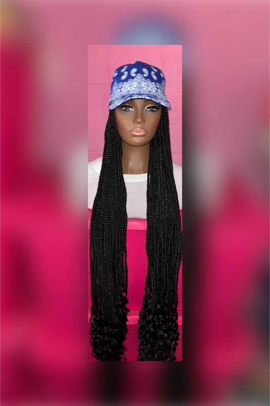 LAST ONE IN STOCK‼️ Black Box Braids w/Curly Ends Wig Hat