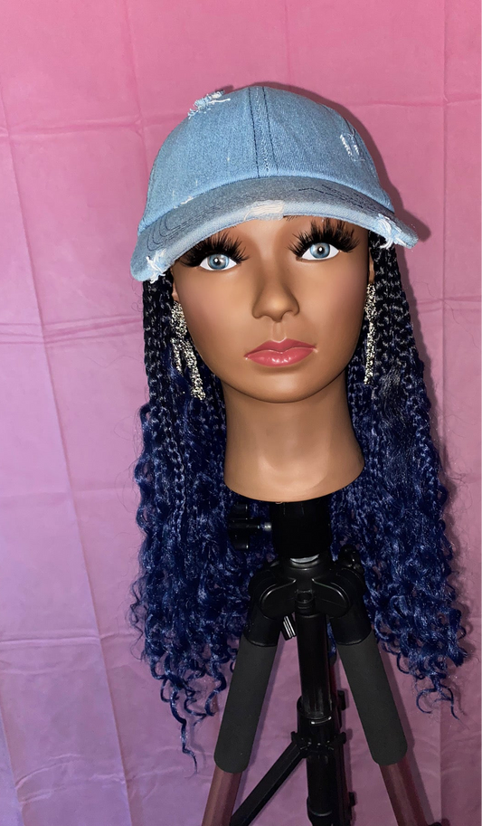 Black-Blue Ombre Goddess Box Braids Wig Hat