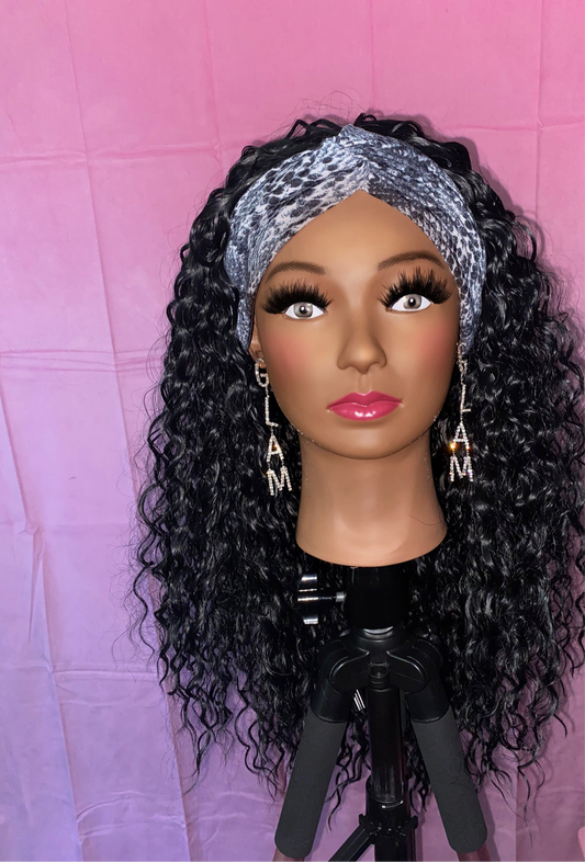 Black Crinkle Curls Headband Wig w/ Headband Included