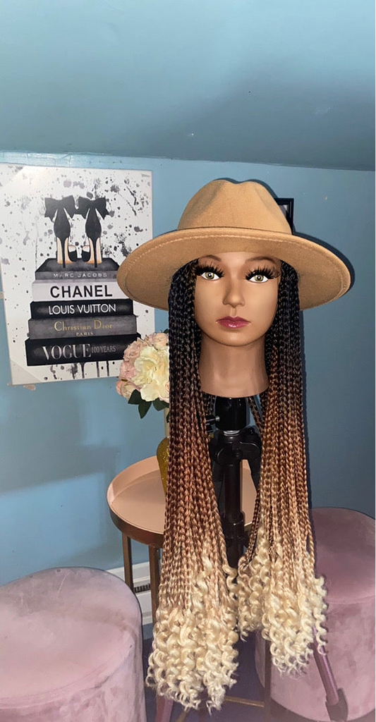 Black-Strawberry Blonde-Blonde Ombre Knotless Box Braids w/Curly Ends Wig Hat