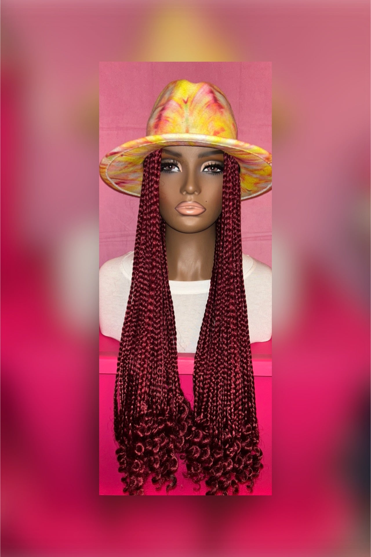 LAST ONE IN STOCK‼️ Burgundy Wine Box Braids w/ Curly Ends Wig Hat