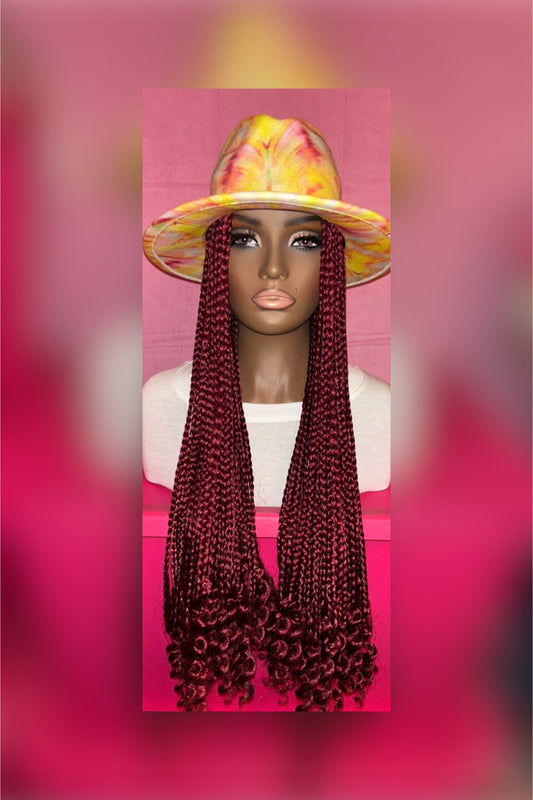 LAST ONE IN STOCK‼️ Burgundy Wine Box Braids w/ Curly Ends Wig Hat