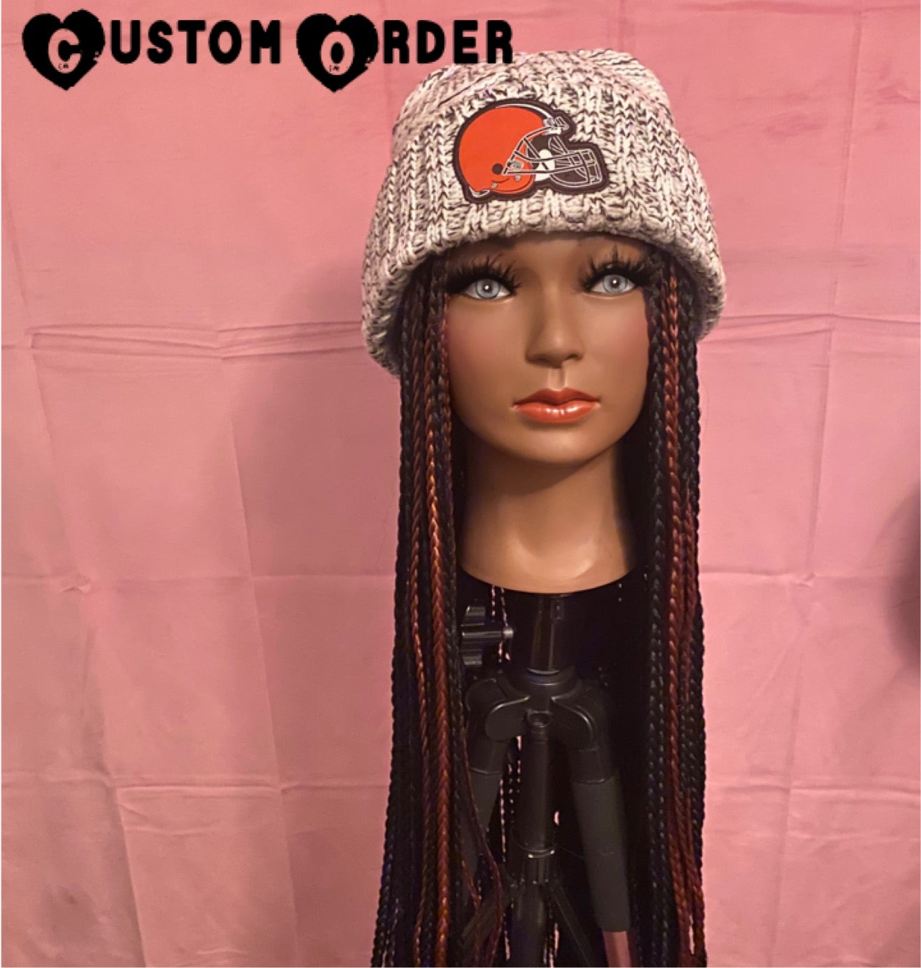 Black w/ Burnt Orange Box Braids Wig Hat