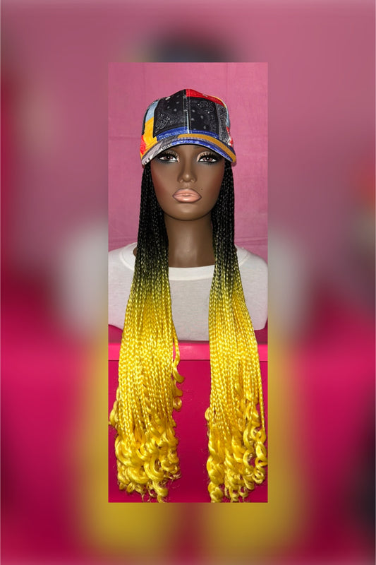 LAST ONE IN STOCK‼️ Black-Yellow Ombré Box Braids w/ Curly Ends Wig Hat