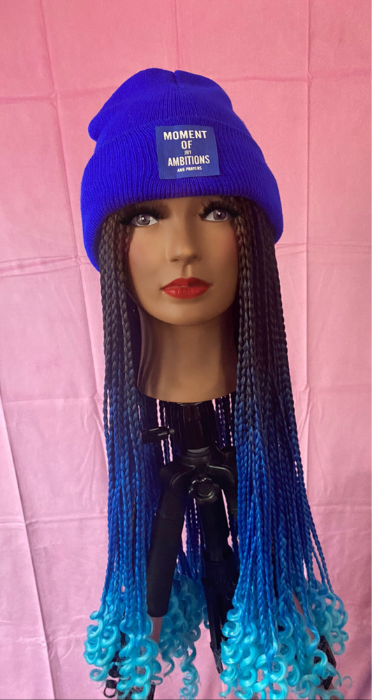 Indigo Blue- Sky Blue Ombre Knotless Box Braids w/Curly Ends Wig Hat