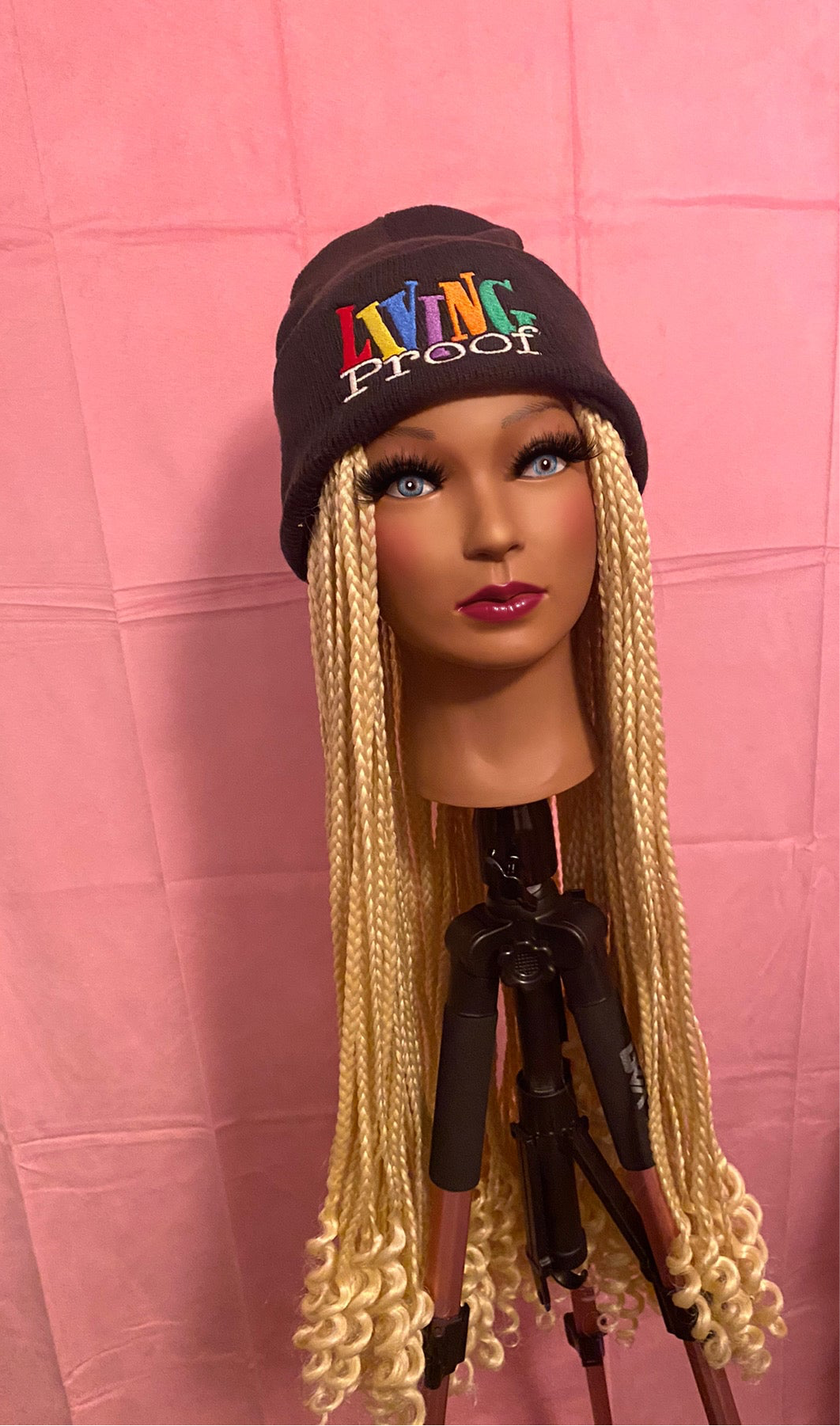 Blonde Knotless Box Braids w/ Curly Ends Wig Hat