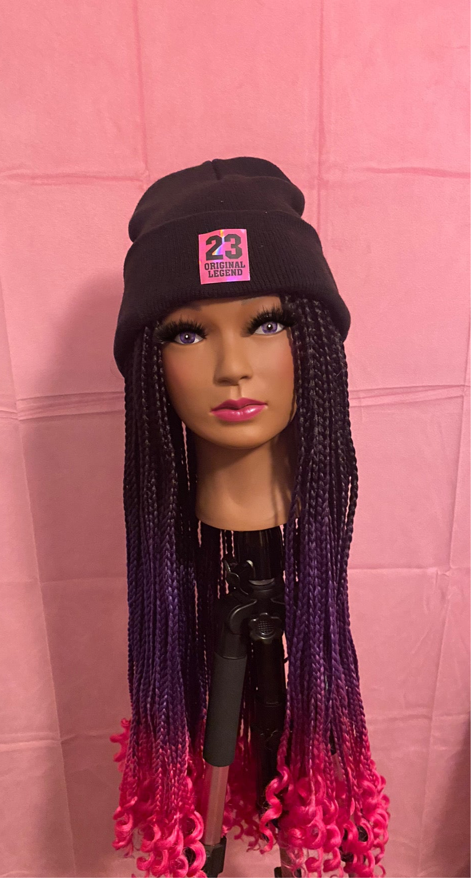 Purple-Pink Ombre Knotless Box Braids w/ Curly Ends Wig Hat