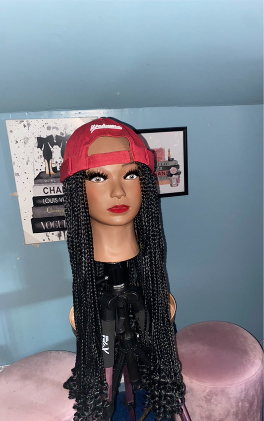 Black Knotless Box Braids w/ Curly Ends Wig Hat