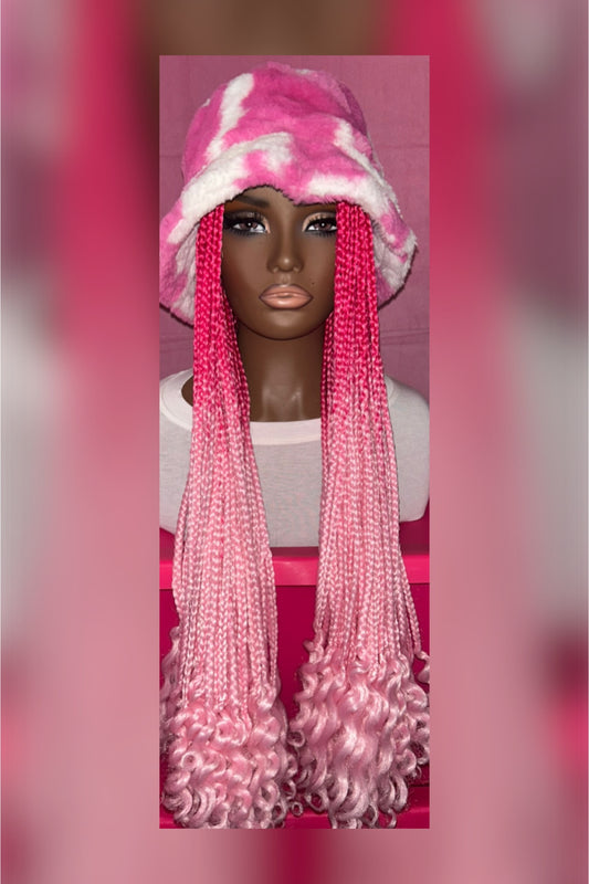 LAST ONE IN STOCK‼️ Rose Pink-Lite Pink Ombre Box Braids w/ Curly Ends  Wig Hat