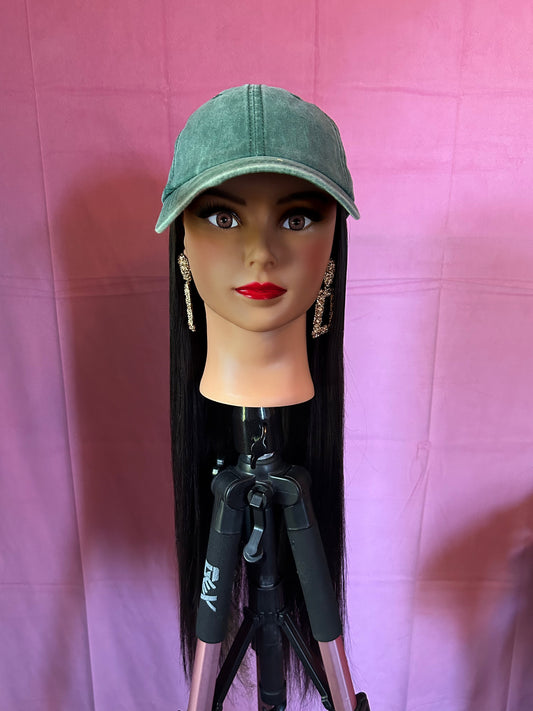 Black Straight Hair Wig Hat