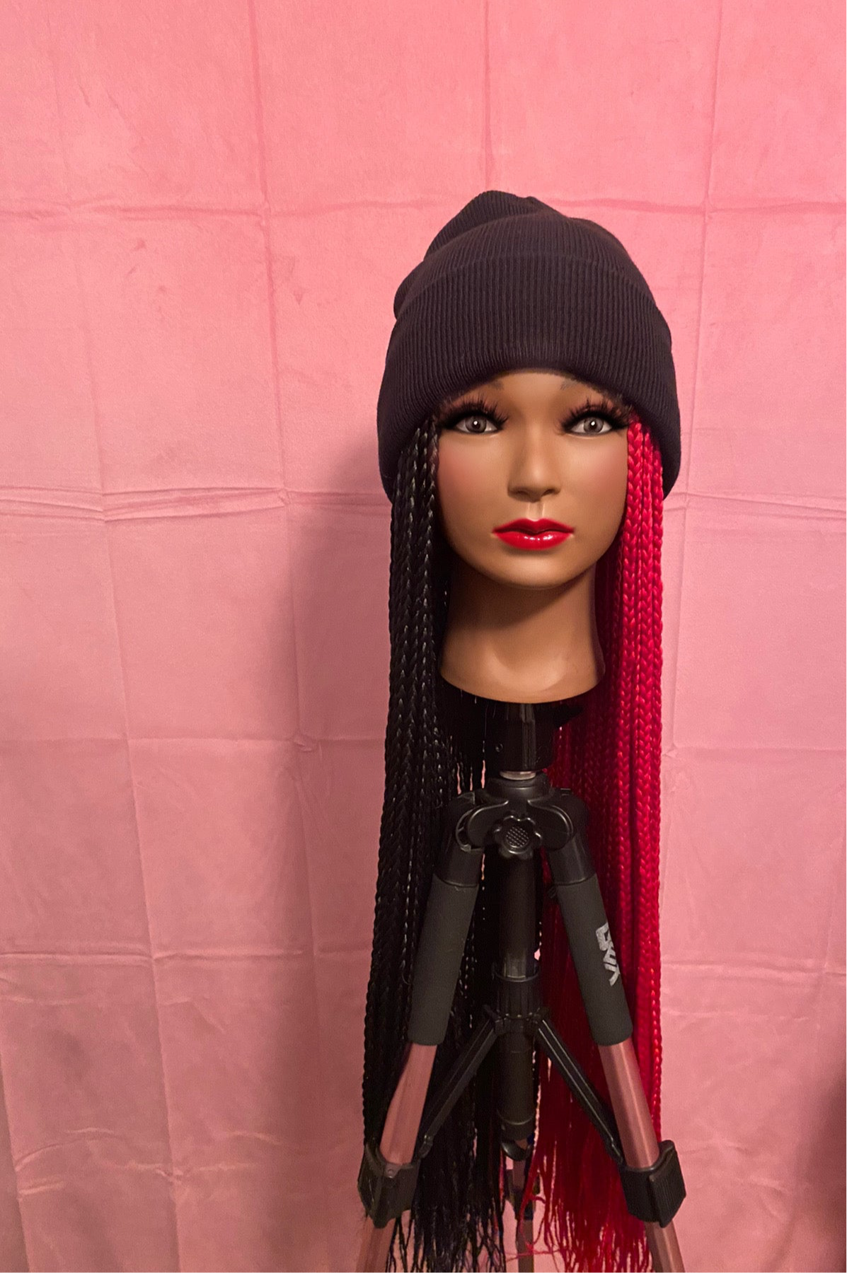 Half Black and Half Red Box Braids Wig Hat