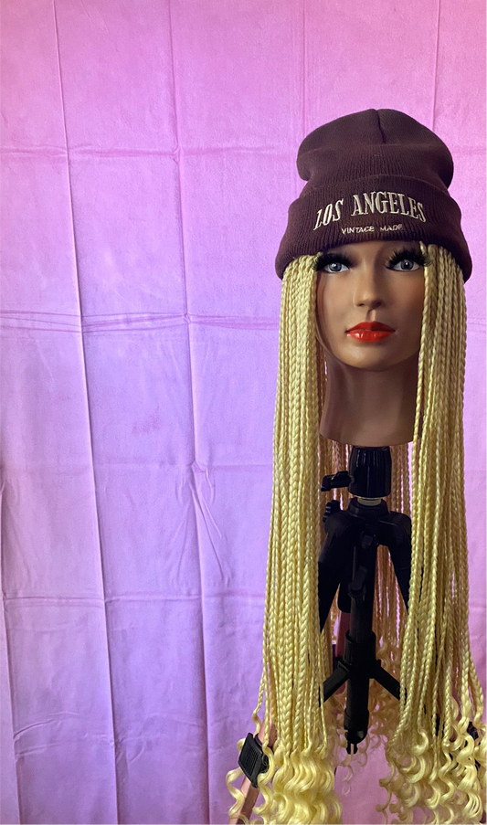 Blonde Box Braids w/ Curly Ends Wig Hat