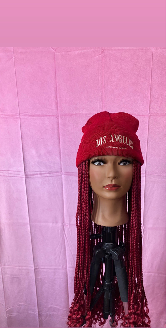 Burgundy Wine Box Braids w/ Curly Ends Wig Hat