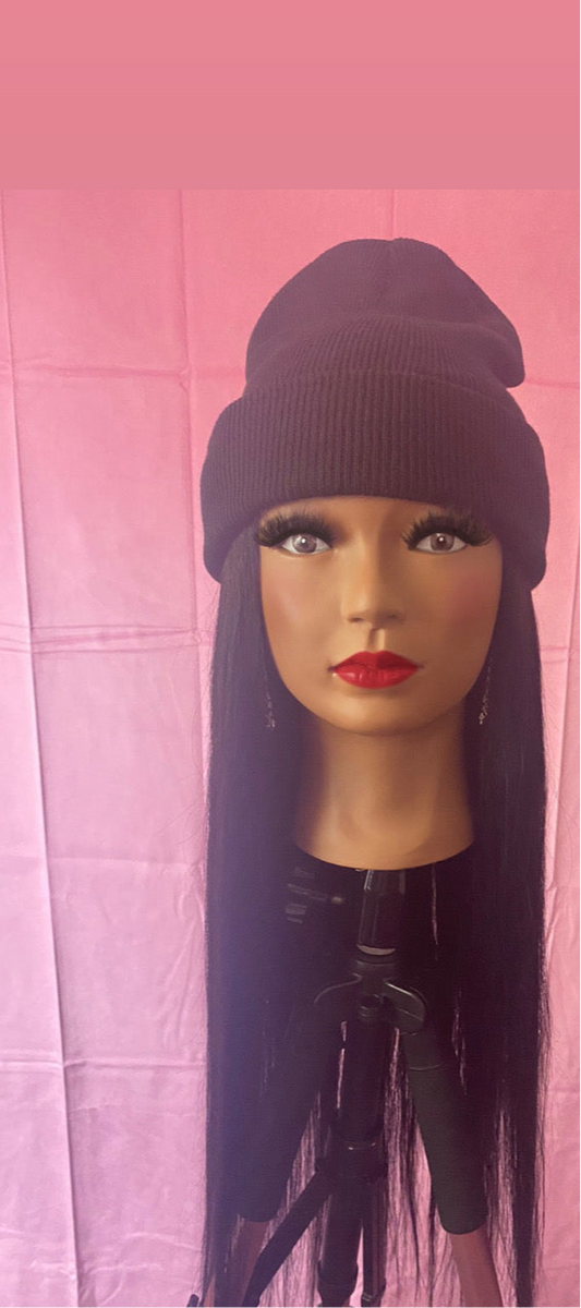 Black Straight Hair Wig Hat