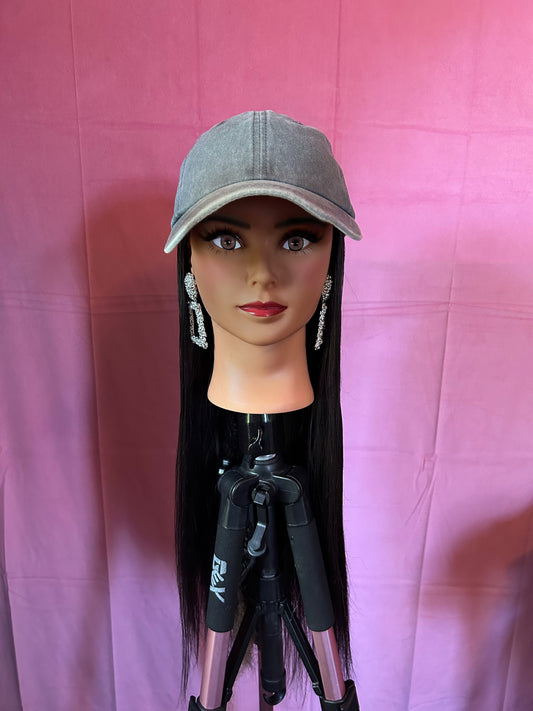 Black Straight Hair Wig Hat