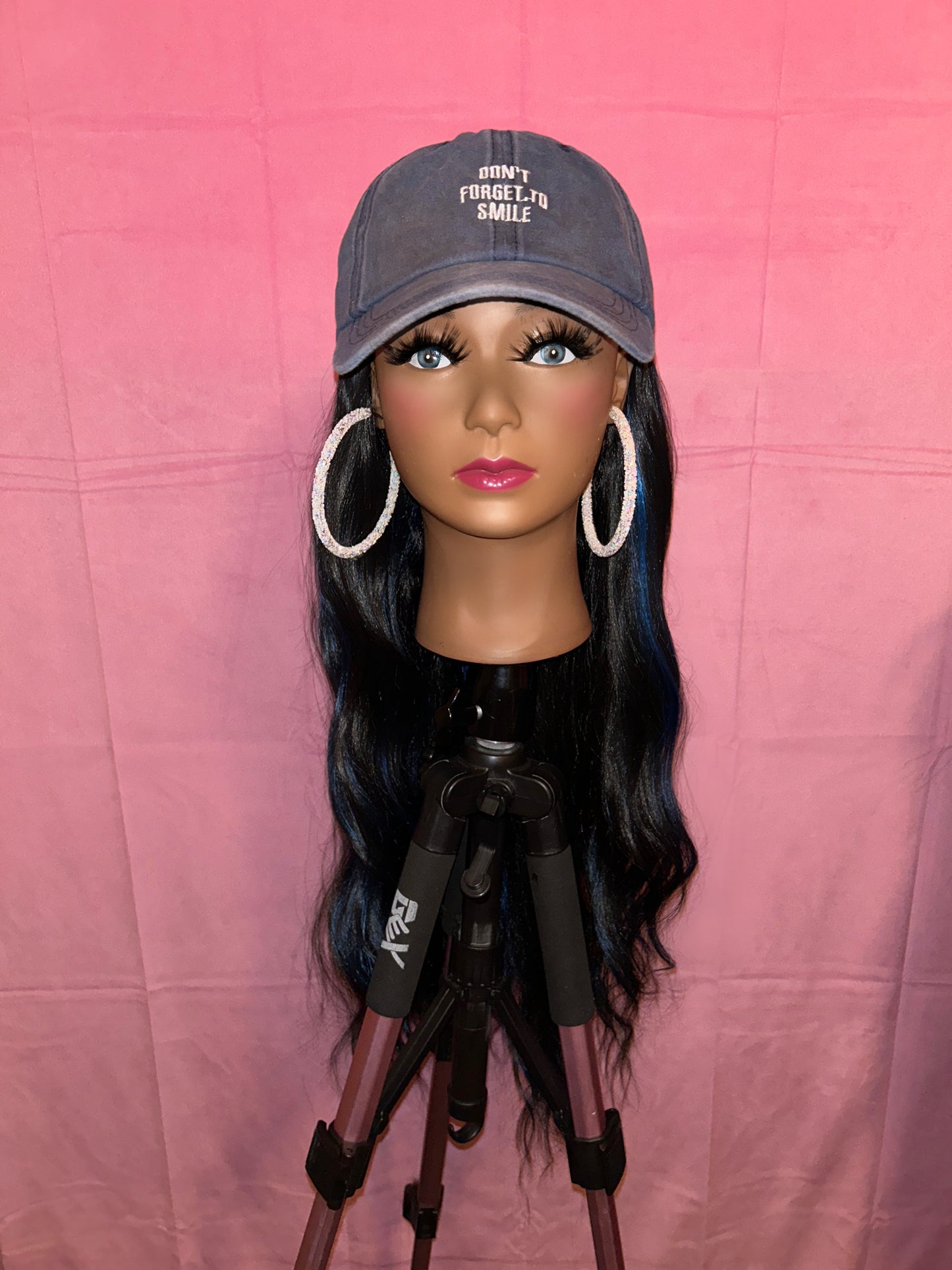 Black w/ Blue Highlights Body Wave Curls Wig Hat