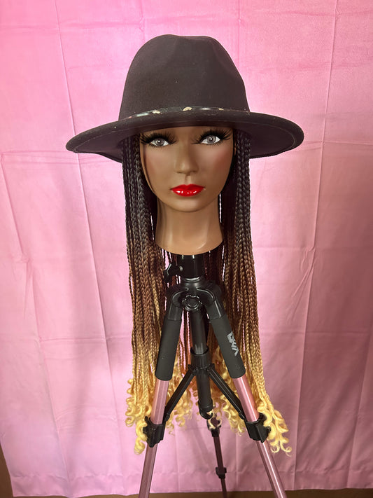 Black/Brown/Blonde Ombre Box Braids w/ Curly Ends Wig Hat