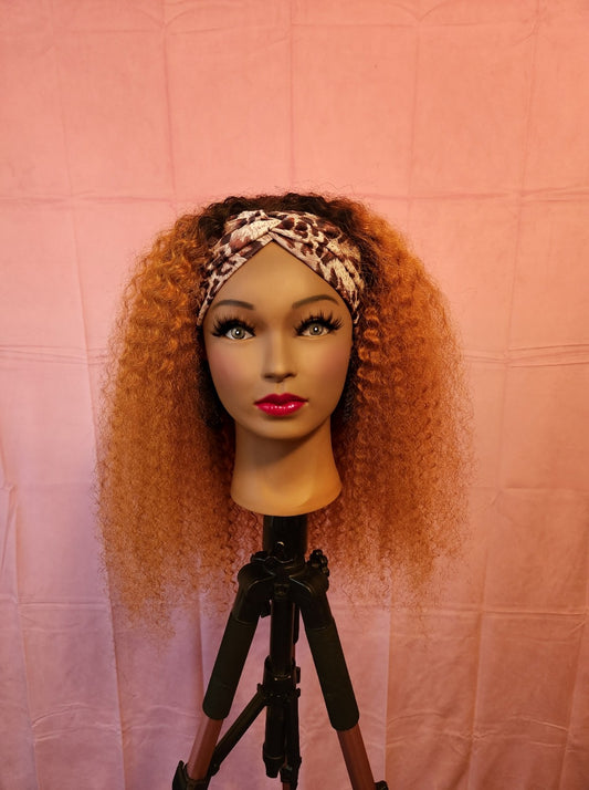 Black Root and Brown Jerry Curl Headband Wig w/ Headband Included