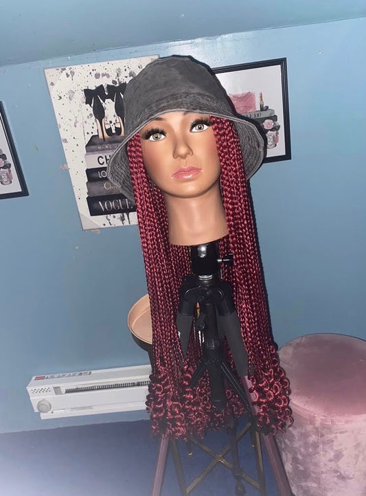 Burgundy Wine Knotless Box Braids w/ Curly Ends Wig Hat