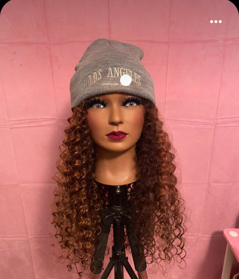 Honey Brown Deep Wave Curls Wig Hat