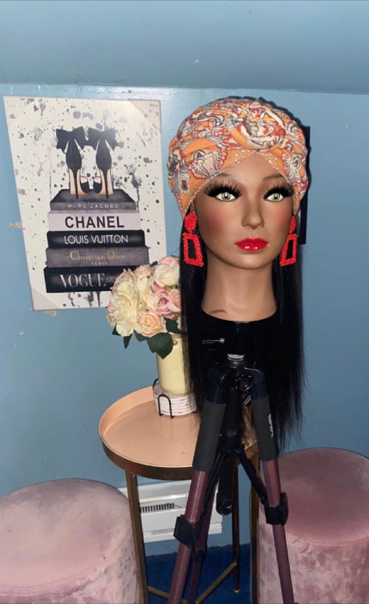 Black Straight Hair Wig Hat w/ Turban Included