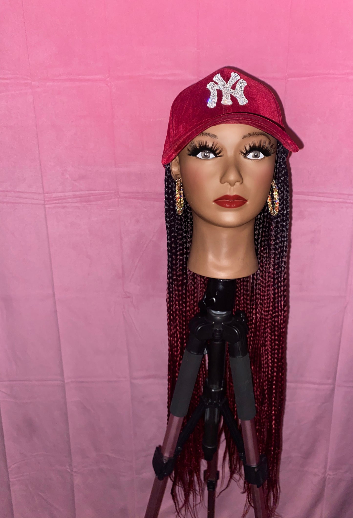 Black/Wine Red Ombré Box Braids Wig Hat