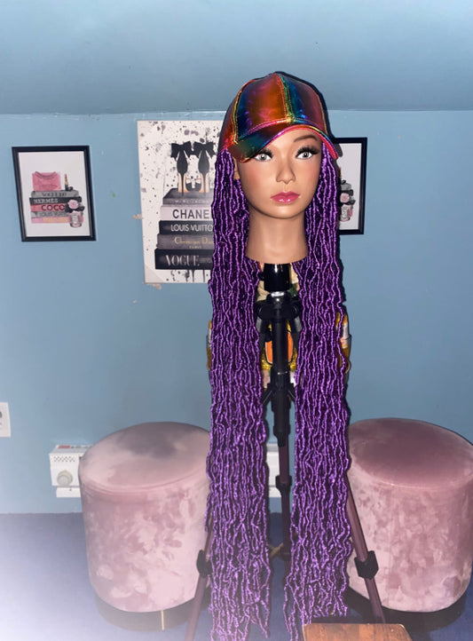 Purple Super Long Soft Faux Locs Wig Hat