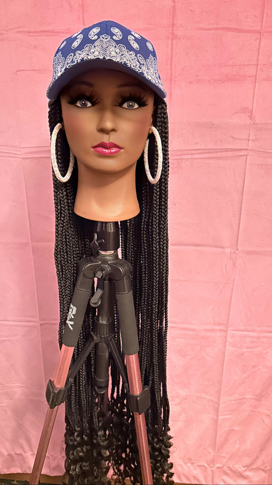 Black Box Braids w/Curly Ends Wig Hat