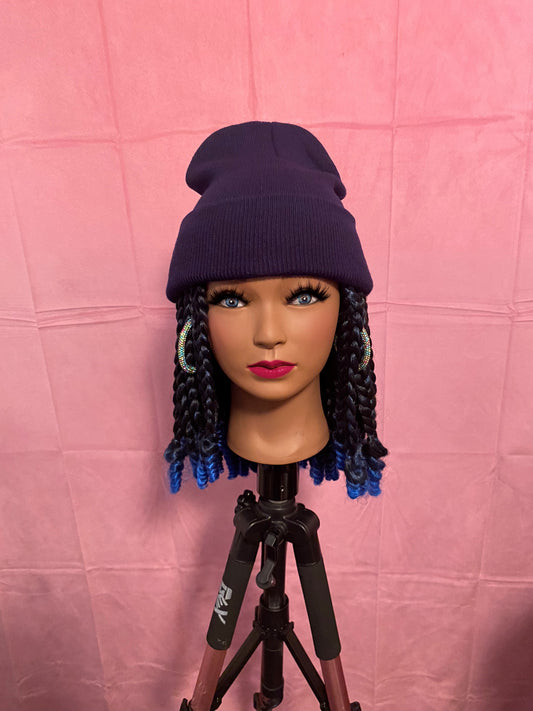 Black/ Blue Ombre Jumbo Box Braids w/ Curly Ends Wig Hat