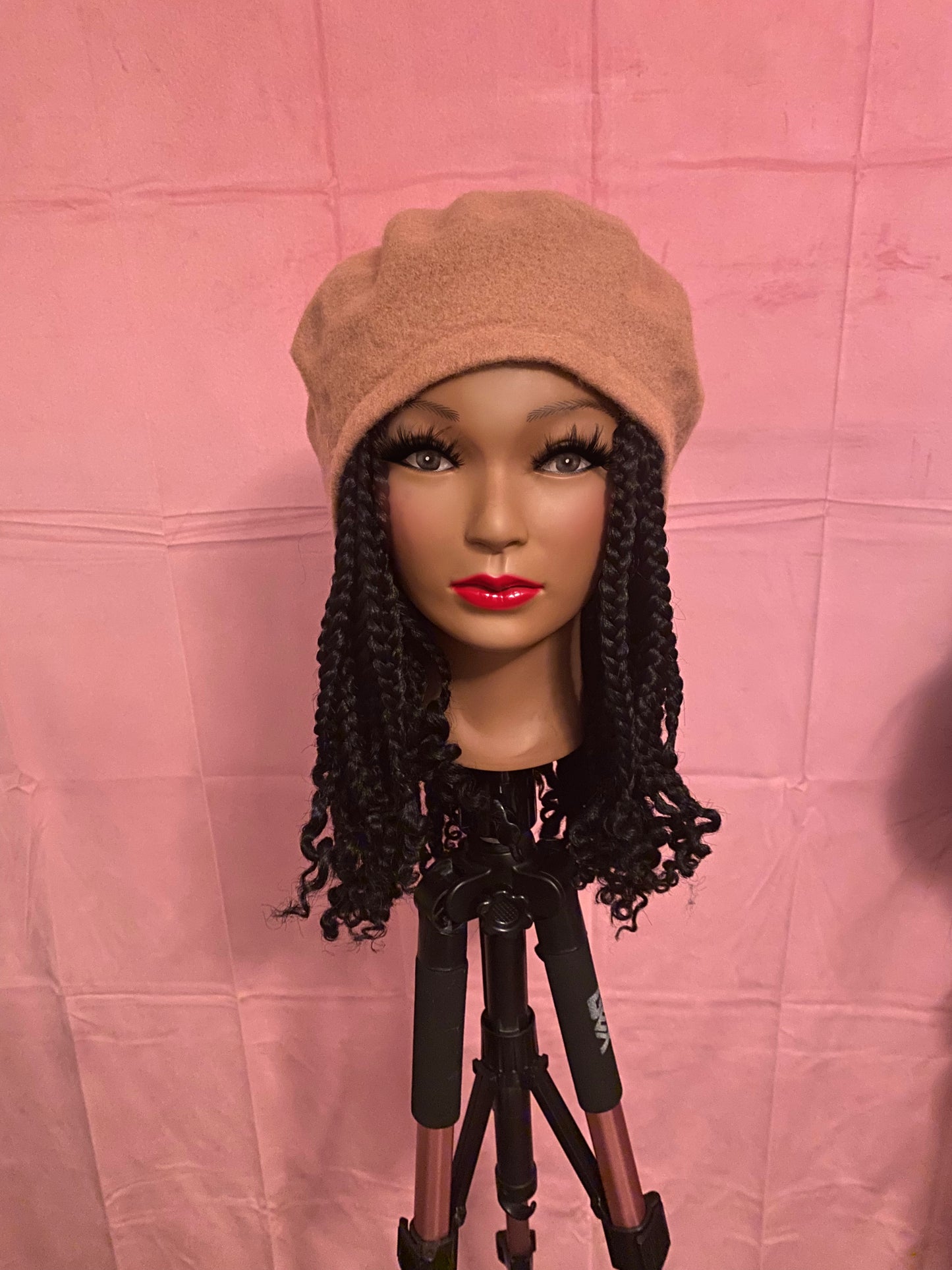 Black Jumbo Box Braids w/ Curly Ends Wig Hat