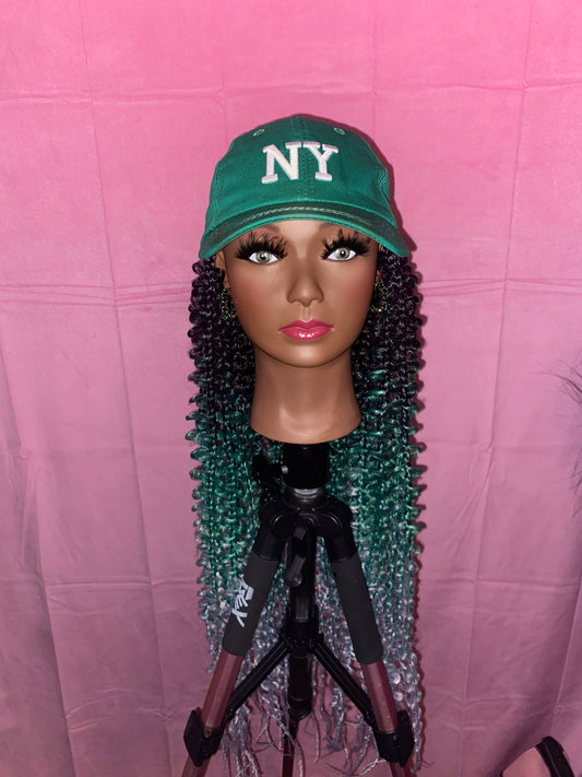 Black/Green/Silver Ombre Butterfly Box Braids Wig Hat