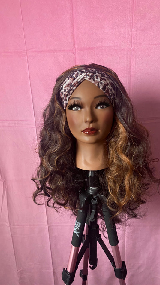 Brown w/ Honey Blonde Highlights Wavy Curls Headband Wig w/ Headband Included