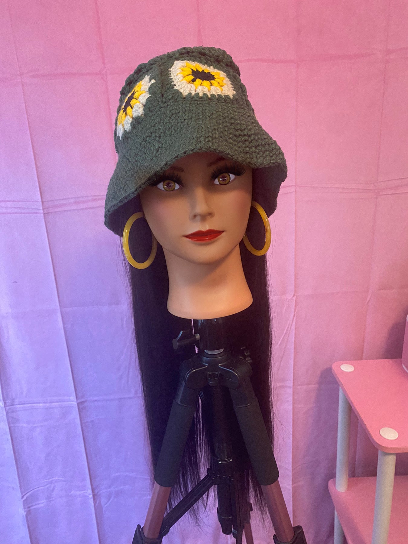 Black Straight Hair Wig Hat